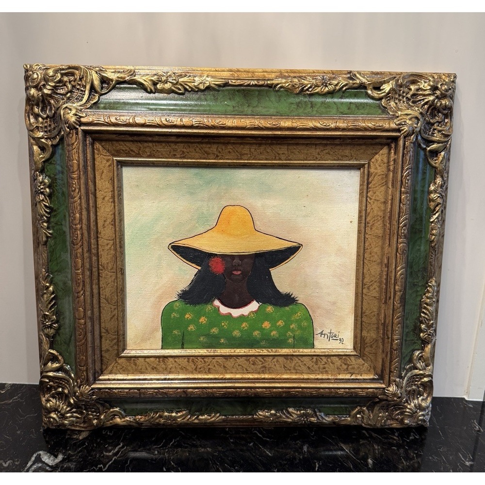 Antori Signed Portrait of Woman Oil On Canvas Framed Painting 15.5"x 17.25"